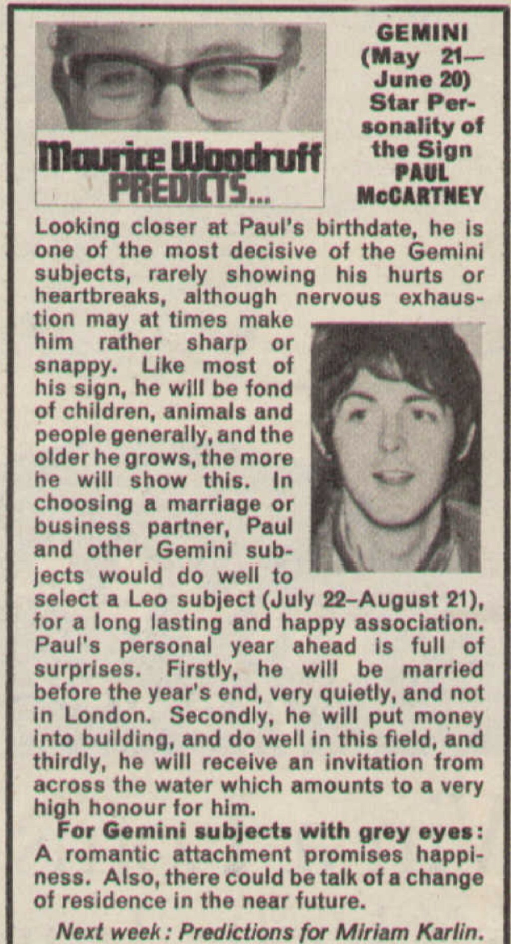 TV Times' resident astrologer Maurice Woodruff's predictions for Paul McCartney for 1967.