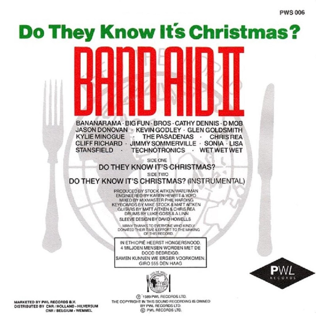 Do They Know It's Christmas by Band Aid II (PWL/Polydor, 1989) - listen to Stephen O'Brien and Tim Worthington talking about it on Looks Unfamiliar.