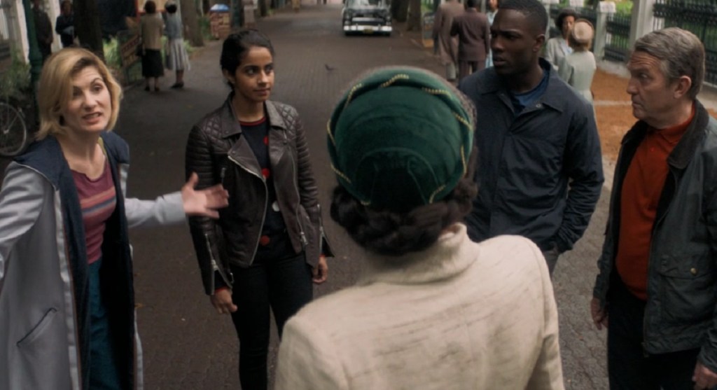 Jodie Whittaker, Mandip Gill, Tosin Cole, Bradley Walsh and Vinette Robinson in Doctor Who: Rosa (BBC1, 2018).