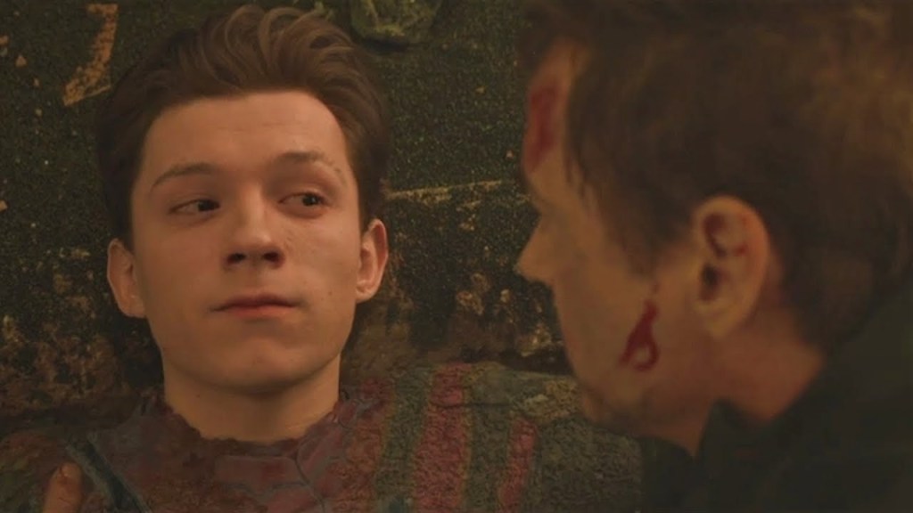 Spider-Man (Tom Holland) disintegrating at the end of Avengers - Infinity War (2018).