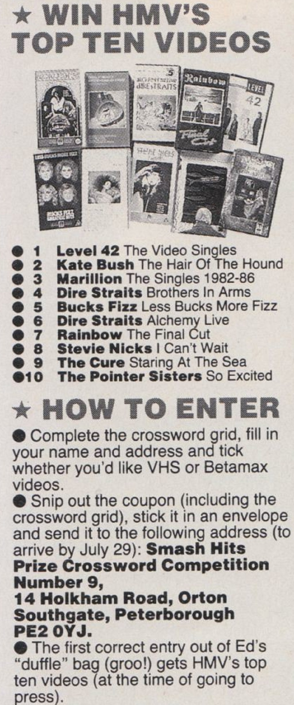 HMV Top Ten Videos competition from Smash Hits (1986).