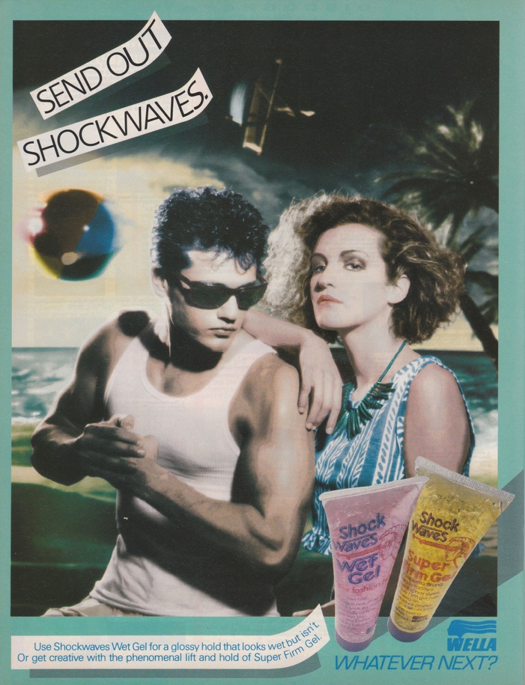 Advert for Wella Shockwaves Wet Look Gel from Smash Hits (1986).