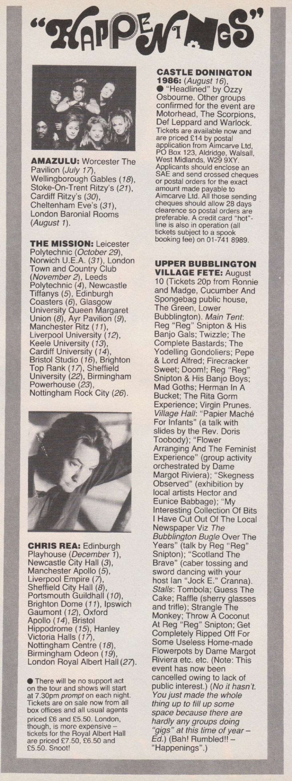 Upper Bubblington Village Fete spoof listing from Smash Hits (1986).