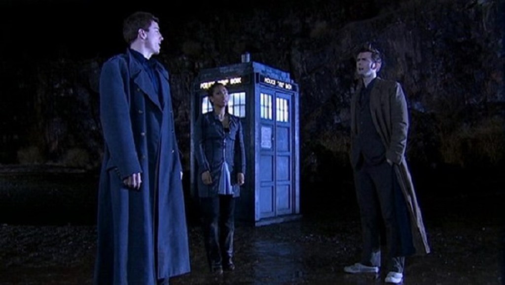 John Barrowman as Captain Jack Harkness, Freema Agyeman as Martha Jones and David Tennant as The Doctor in Doctor Who: Utopia (BBC1, 2007).