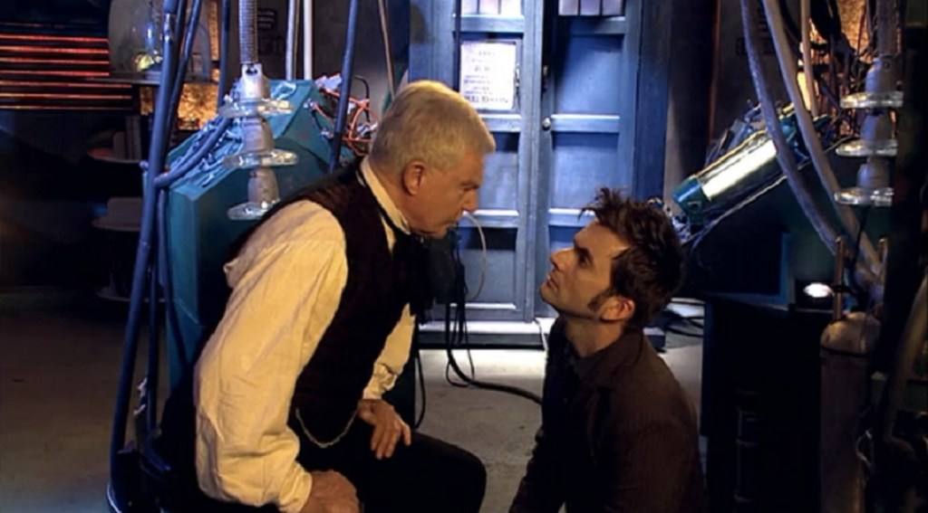 Derek Jacobi as The Master and David Tennant as The Doctor in Doctor Who: Utopia (BBC1, 2007).