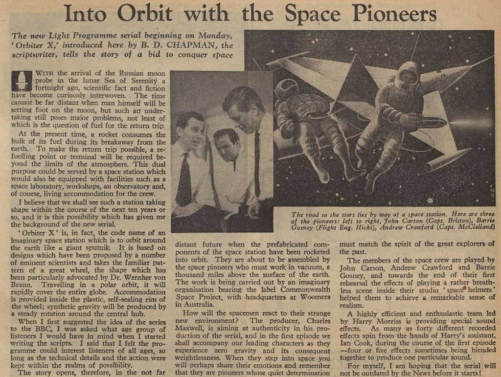 Radio Times listing for Orbiter X (BBC Light Programme, 1959).