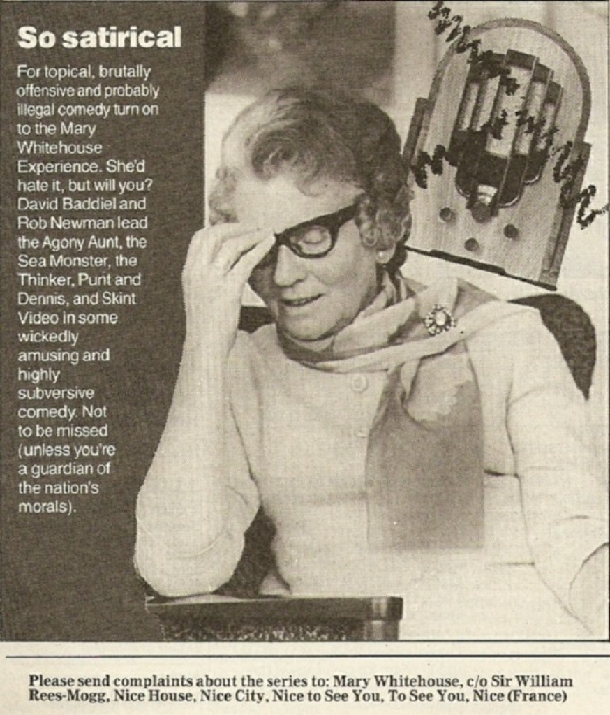 Radio Times listing for The Mary Whitehouse Experience (BBC Radio 1, 1989-91).