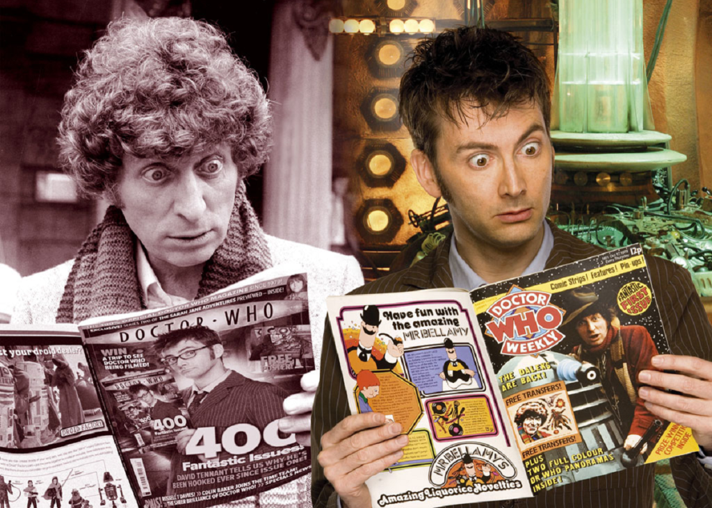 Tom Baker and David Tennant reading Doctor Who Magazine.